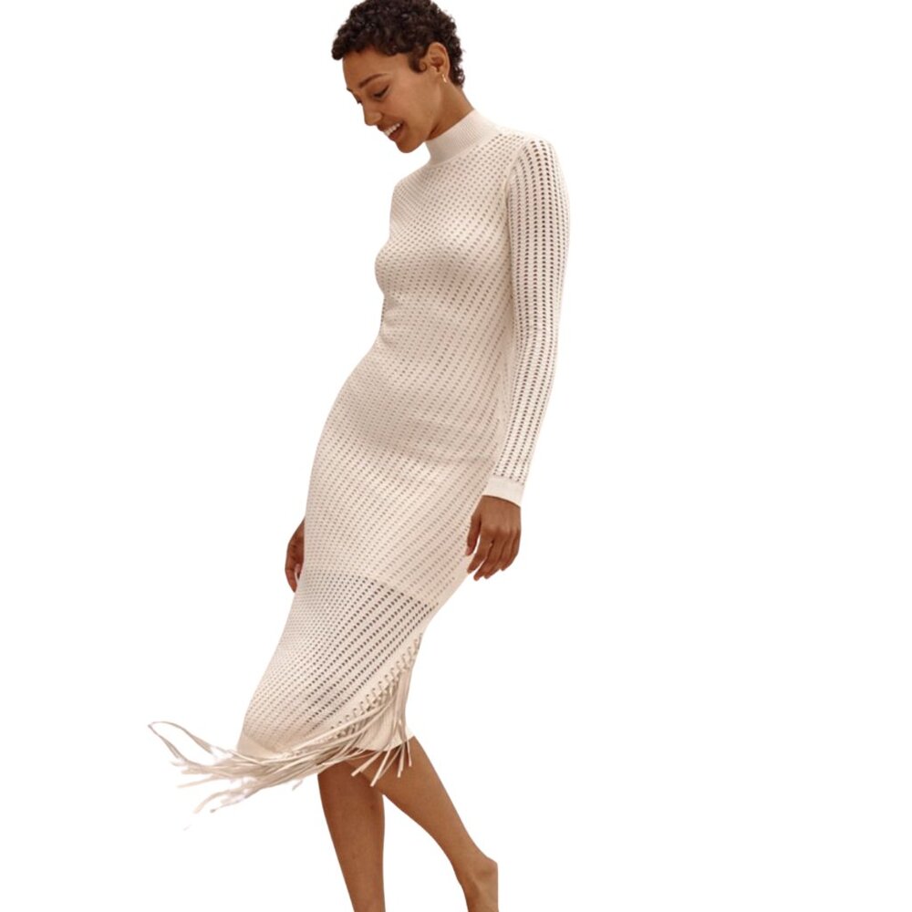 Jonathan Simkhai Eyelet Fringe Knit Midi Dress – Size M (Fits XS/S) – Excellent